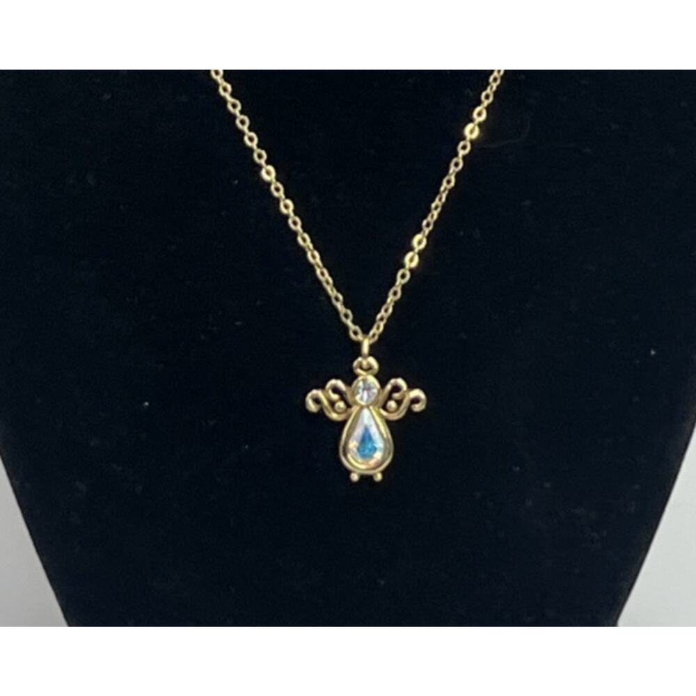 Gold Tone Angel Pendant Necklace AB Teardrop Crystal Dainty Guardian Celestial